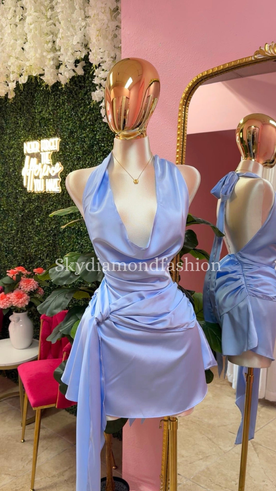 Baby blue draped satin dress