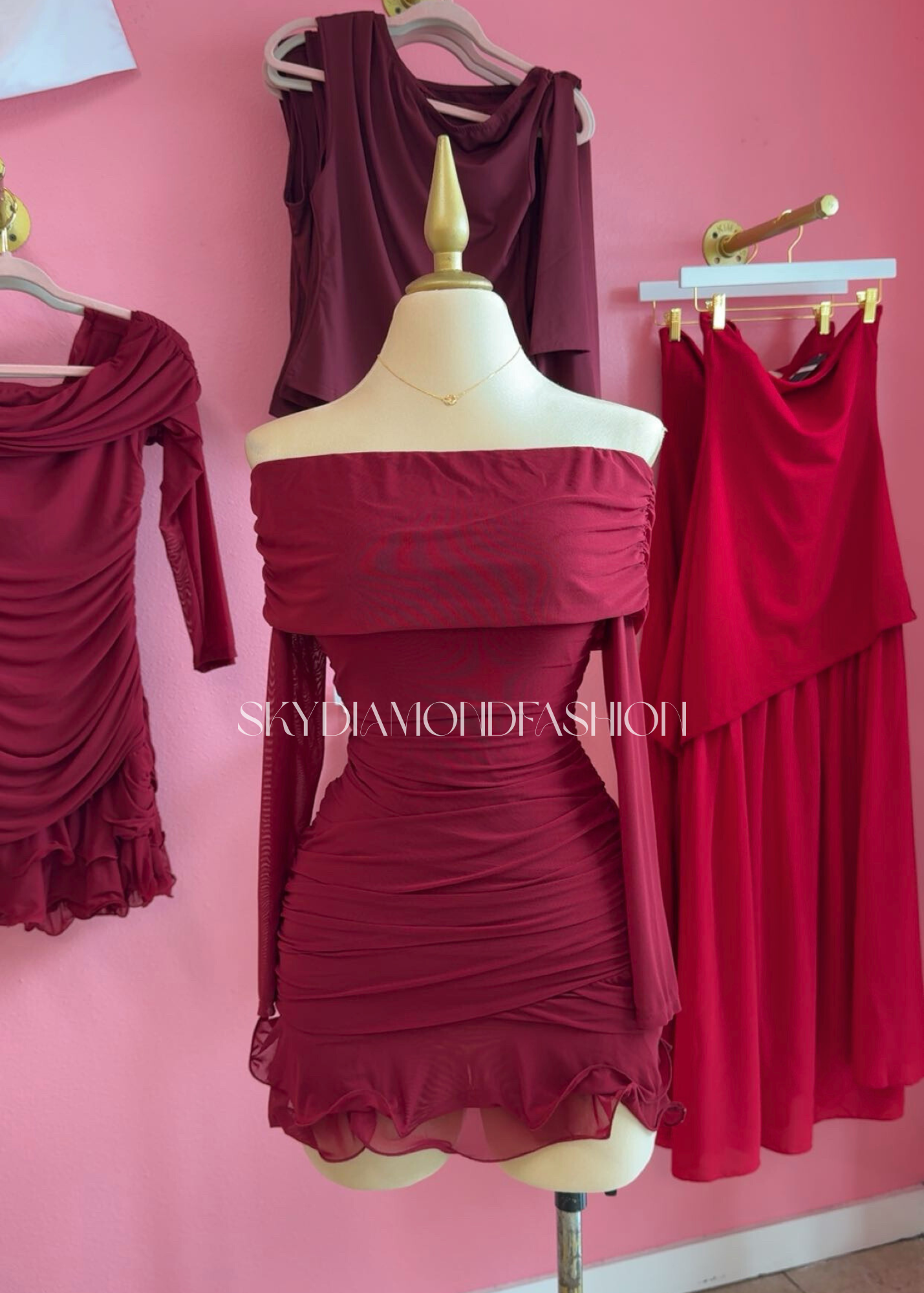 Red mesh ruffle dress