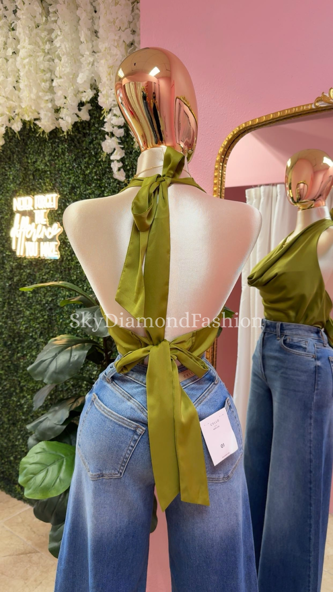 Lime green satin halter top