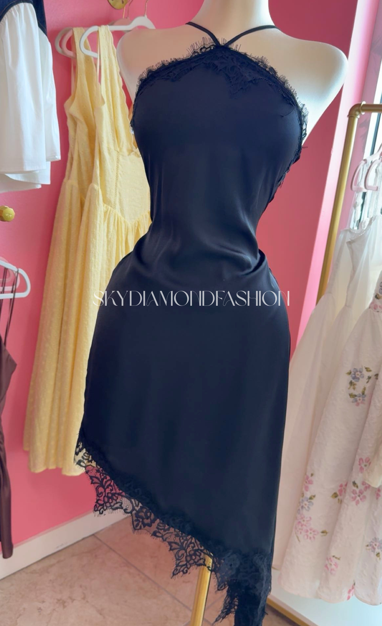 Black asymmetrical lace dress