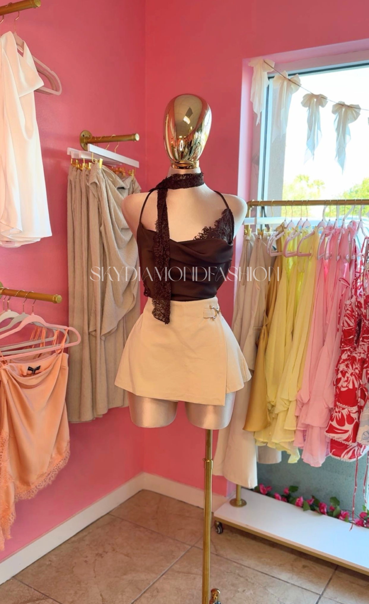 Chocolate lace satin cami with scarf