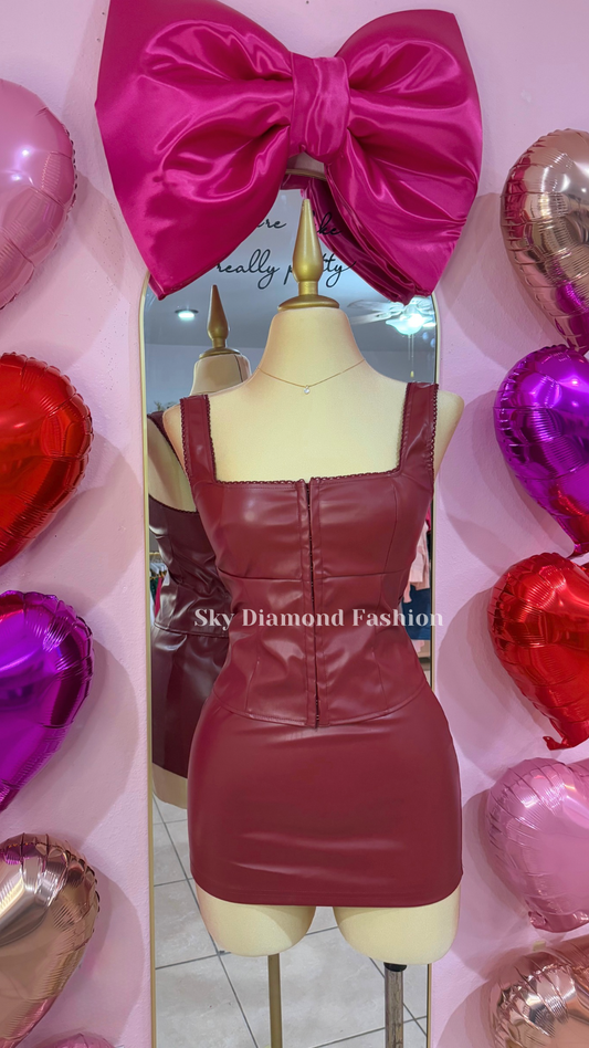 Burgundy leather skirt set ❤️