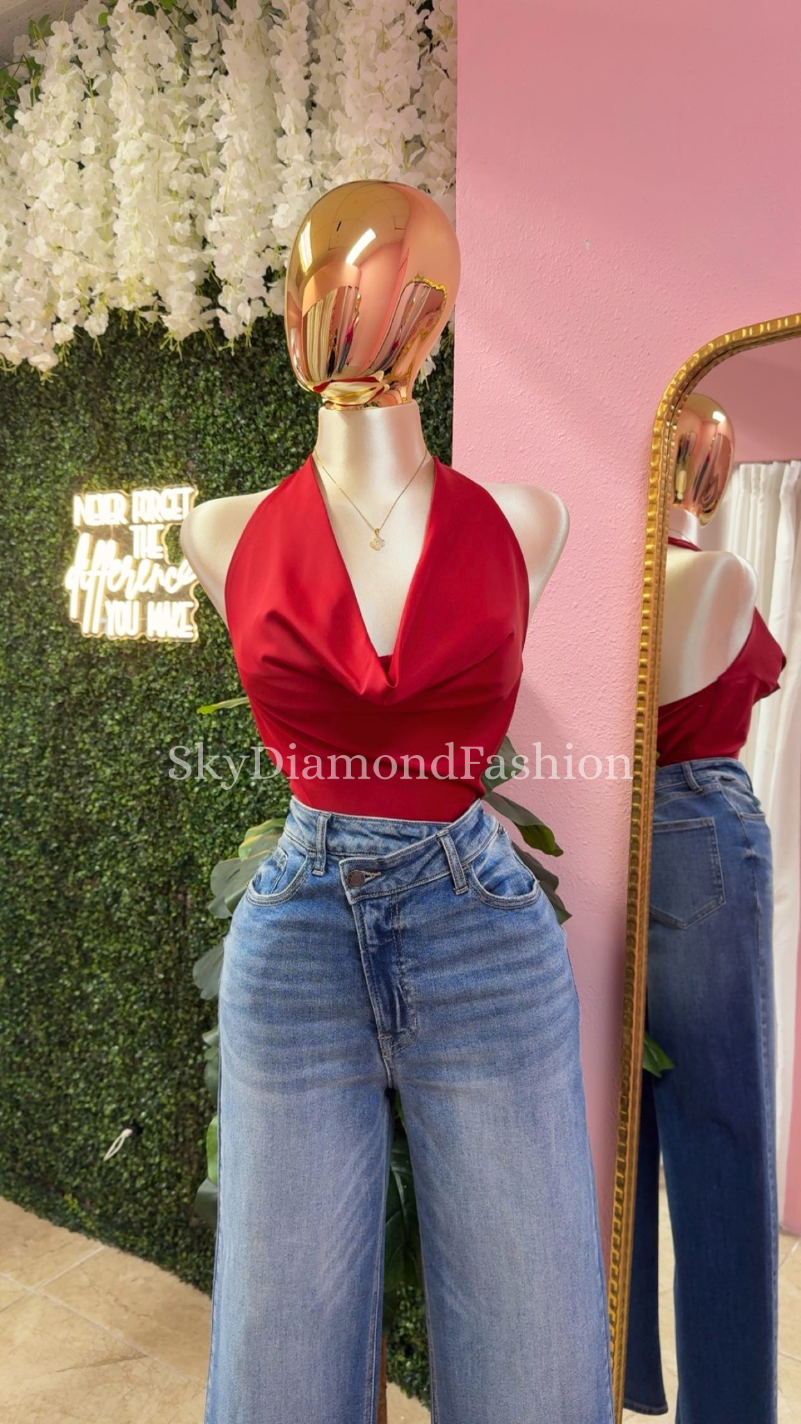 Cherry satin halter top