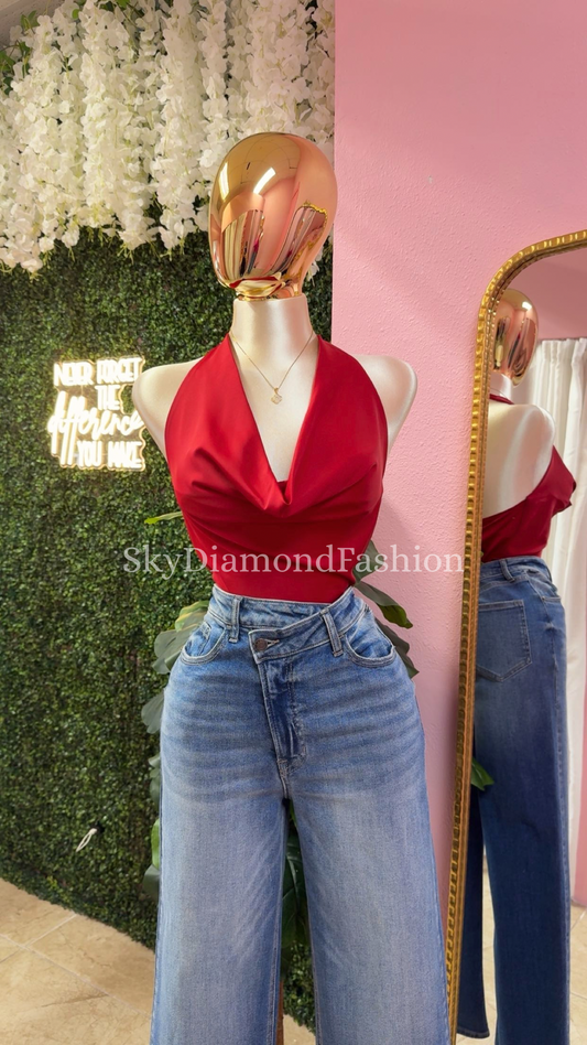 Cherry satin halter top