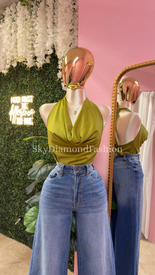 Lime green satin halter top