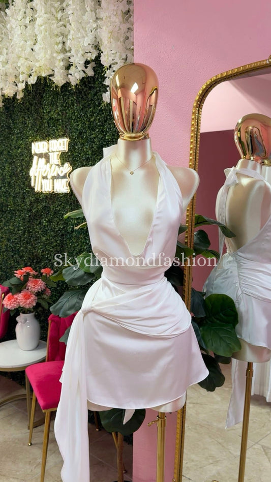 White draped satin dress