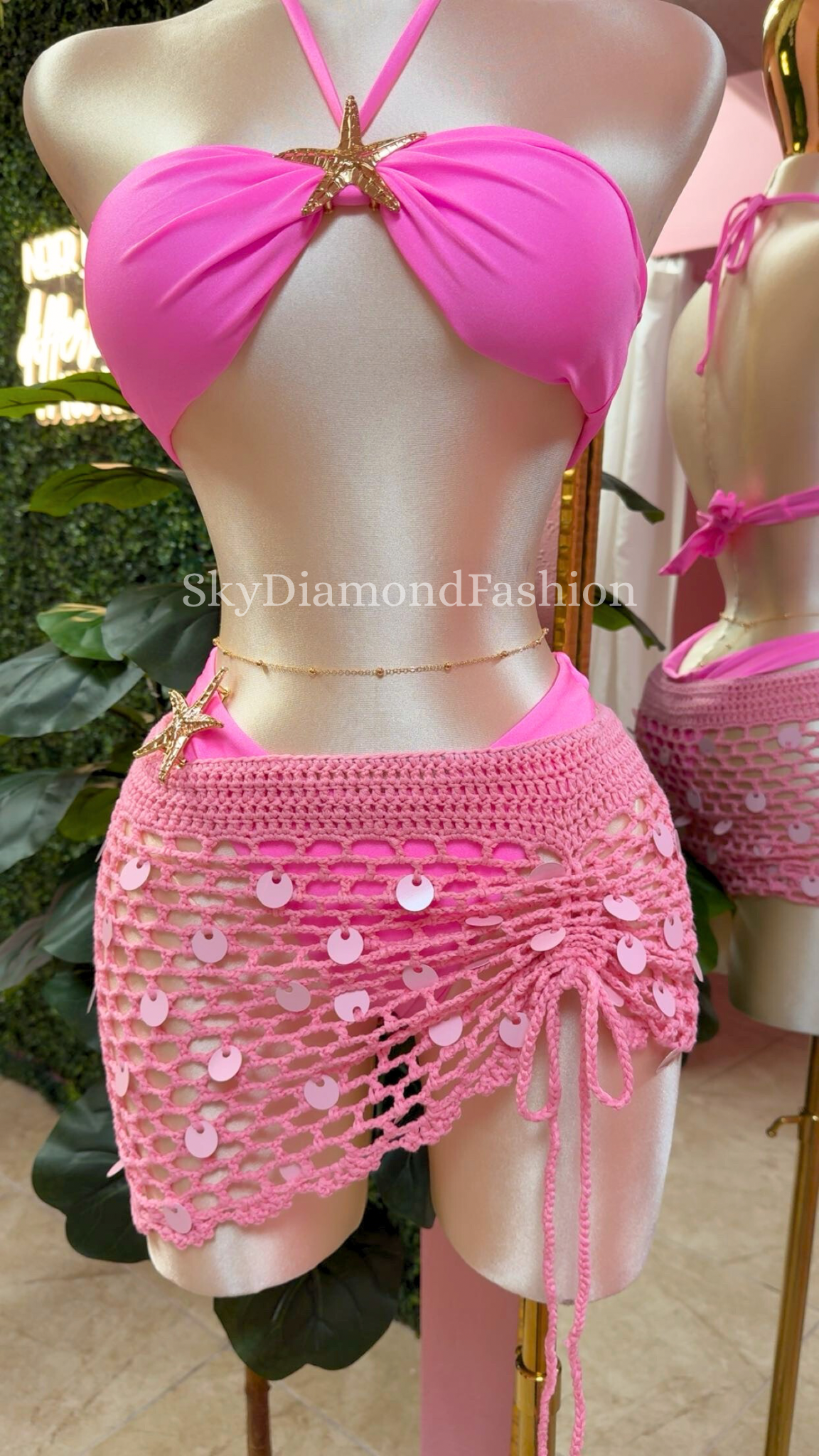 Crochet pink sequin cover up skirt
