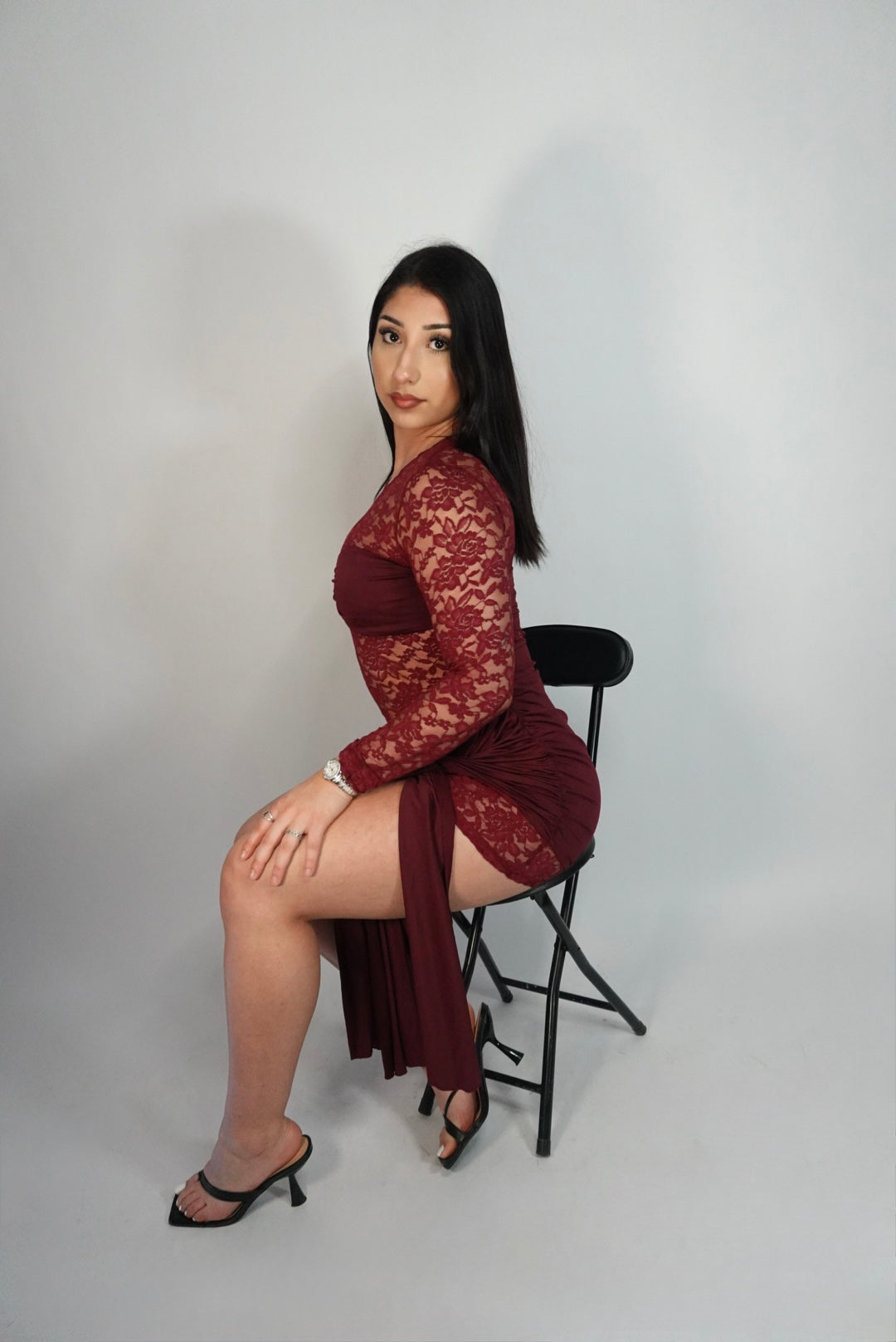 Burgundy mesh classy dress