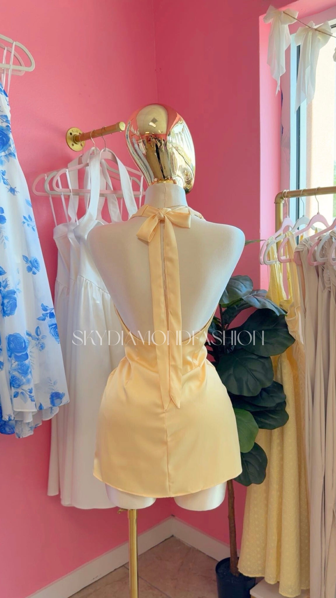 Yellow satin halter dress