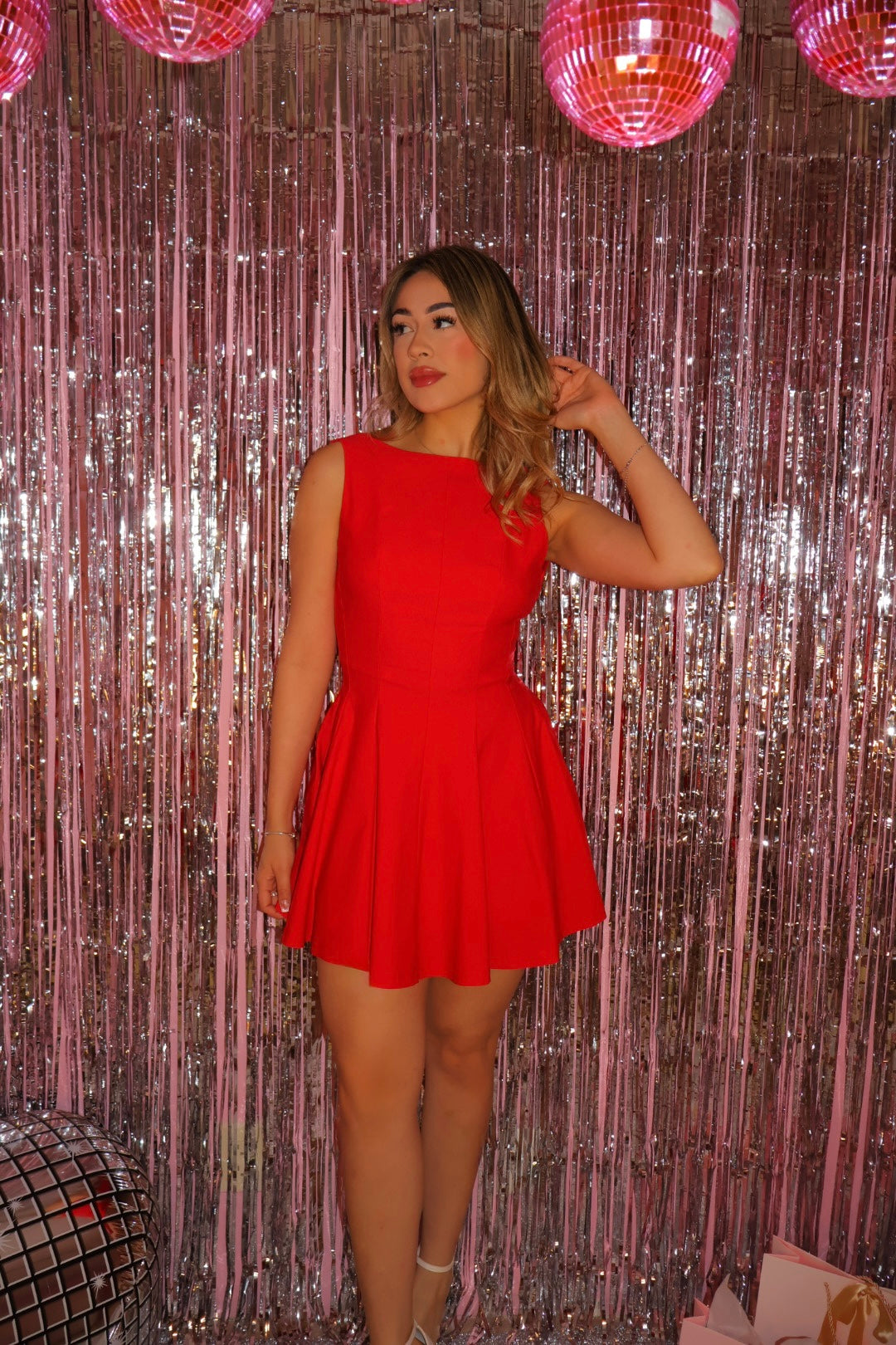 Red open back flowy dress
