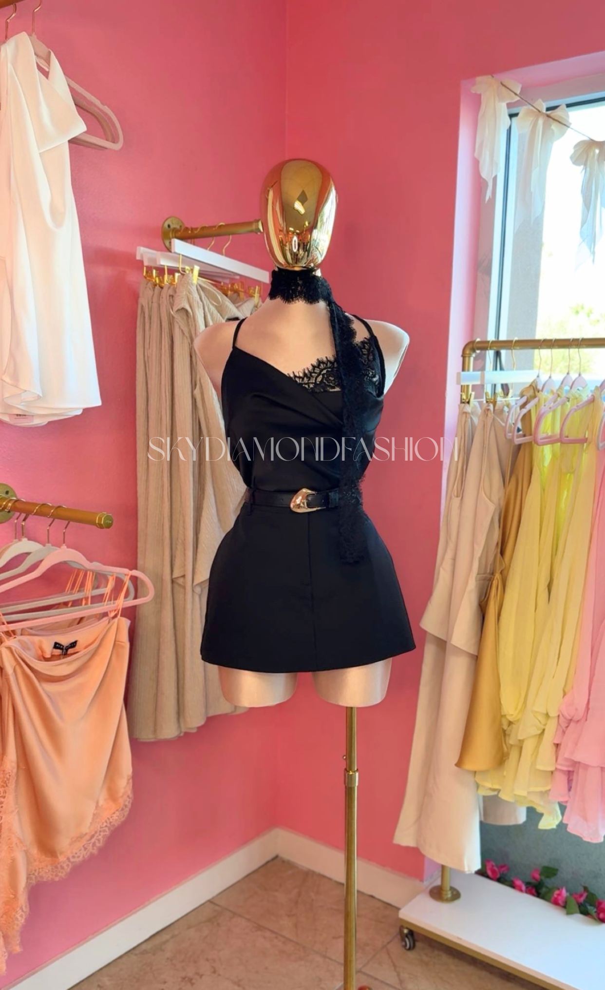 Black satin lace cami with scarf