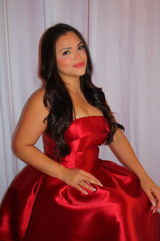 Red long satin dress