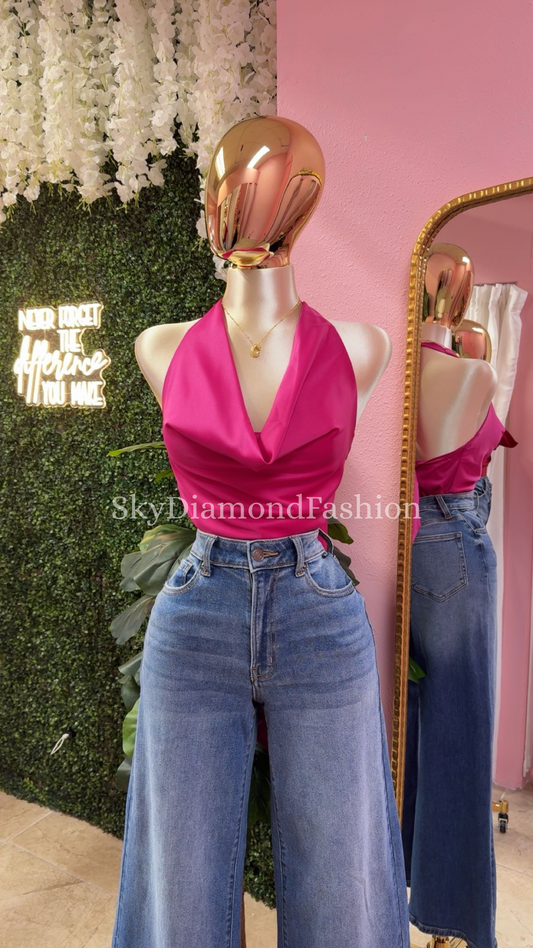 Hot pink satin halter top
