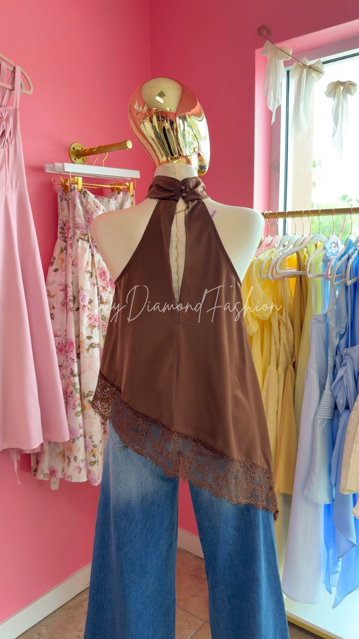 Brown satin laced asymmetrical top