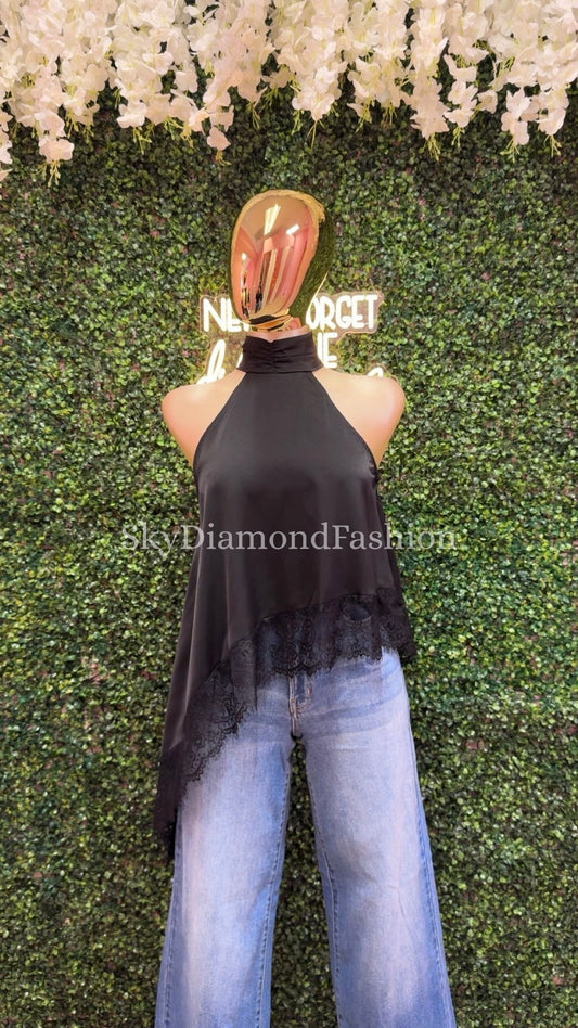 RESTOCK Black asymmetrical laced top
