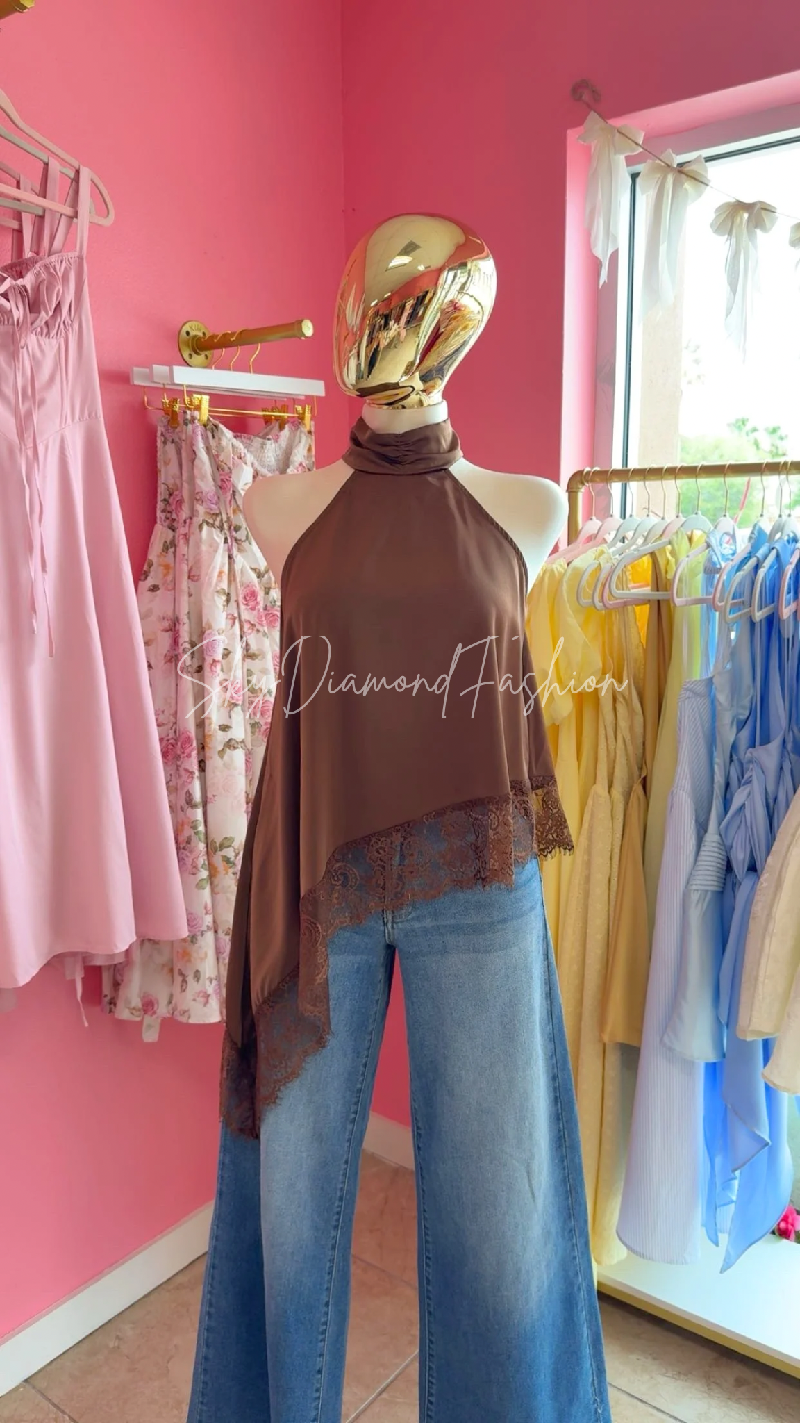 Brown satin laced asymmetrical top