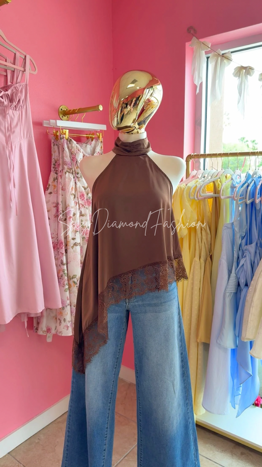 Brown satin laced asymmetrical top