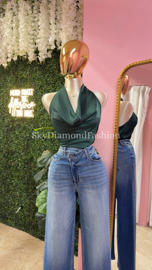 Emerald green satin halter top