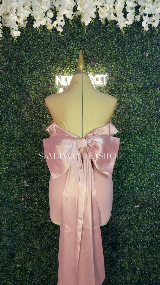 Dusty pink big satin bow dress
