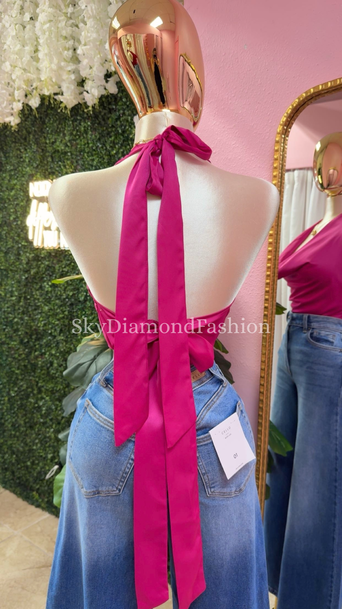 Hot pink satin halter top