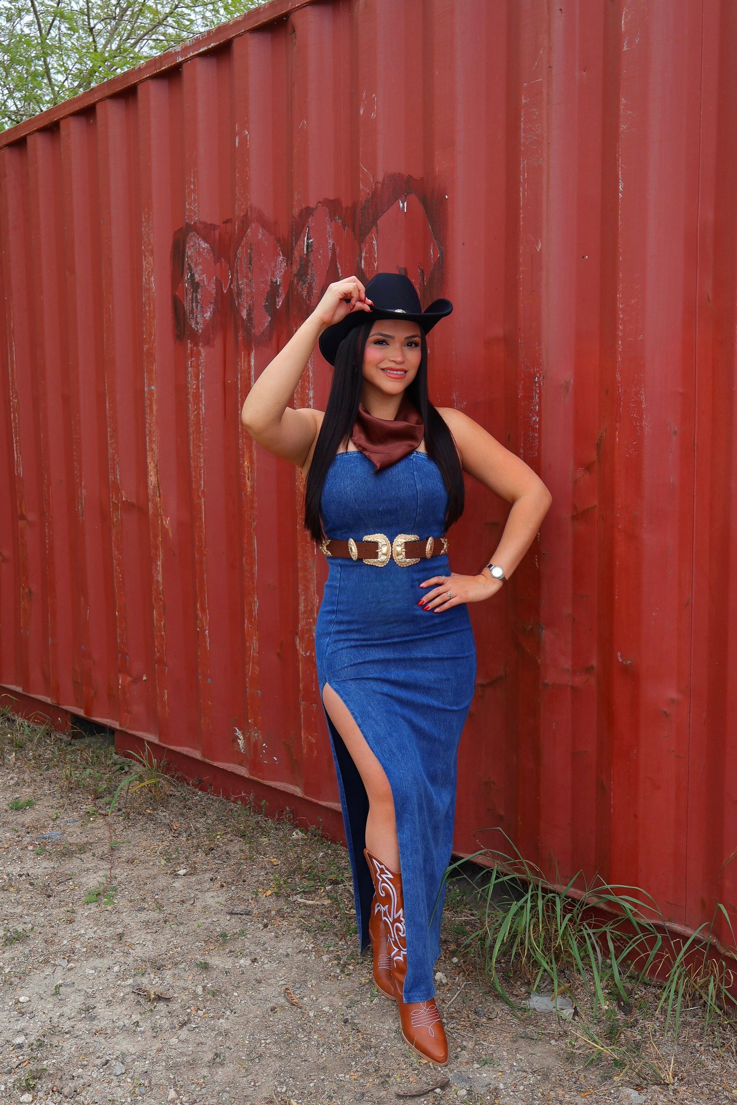 Denim long slit dress