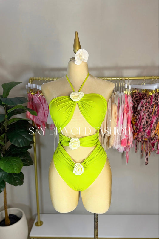 Green & white roses 1pc bathing suit