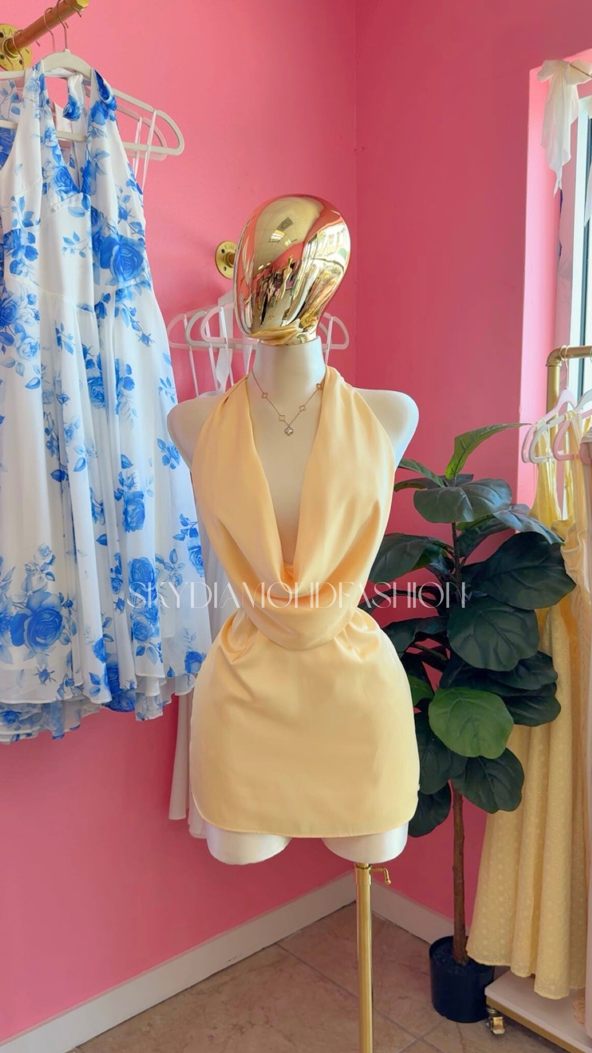 Yellow satin halter dress