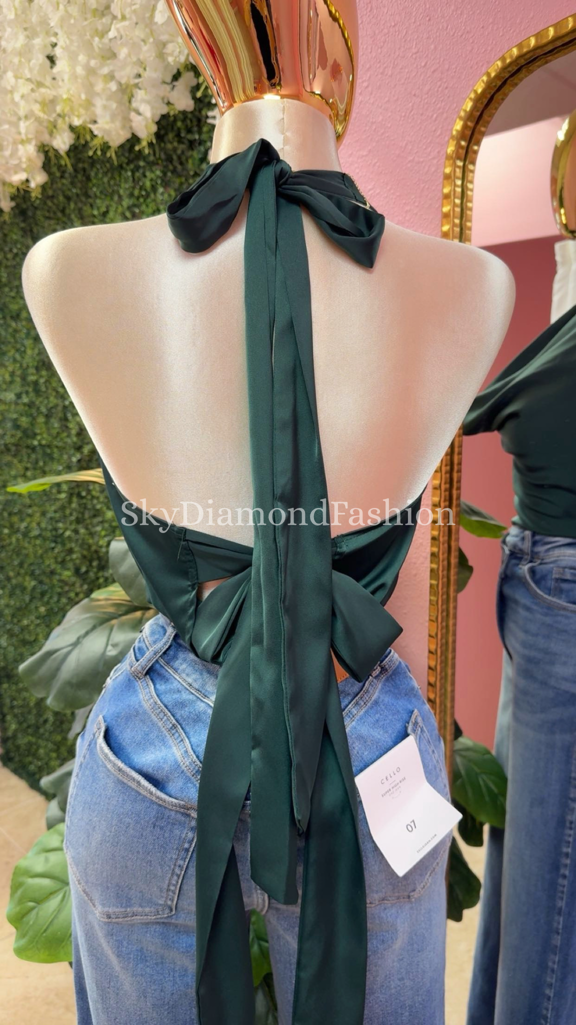 Emerald green satin halter top