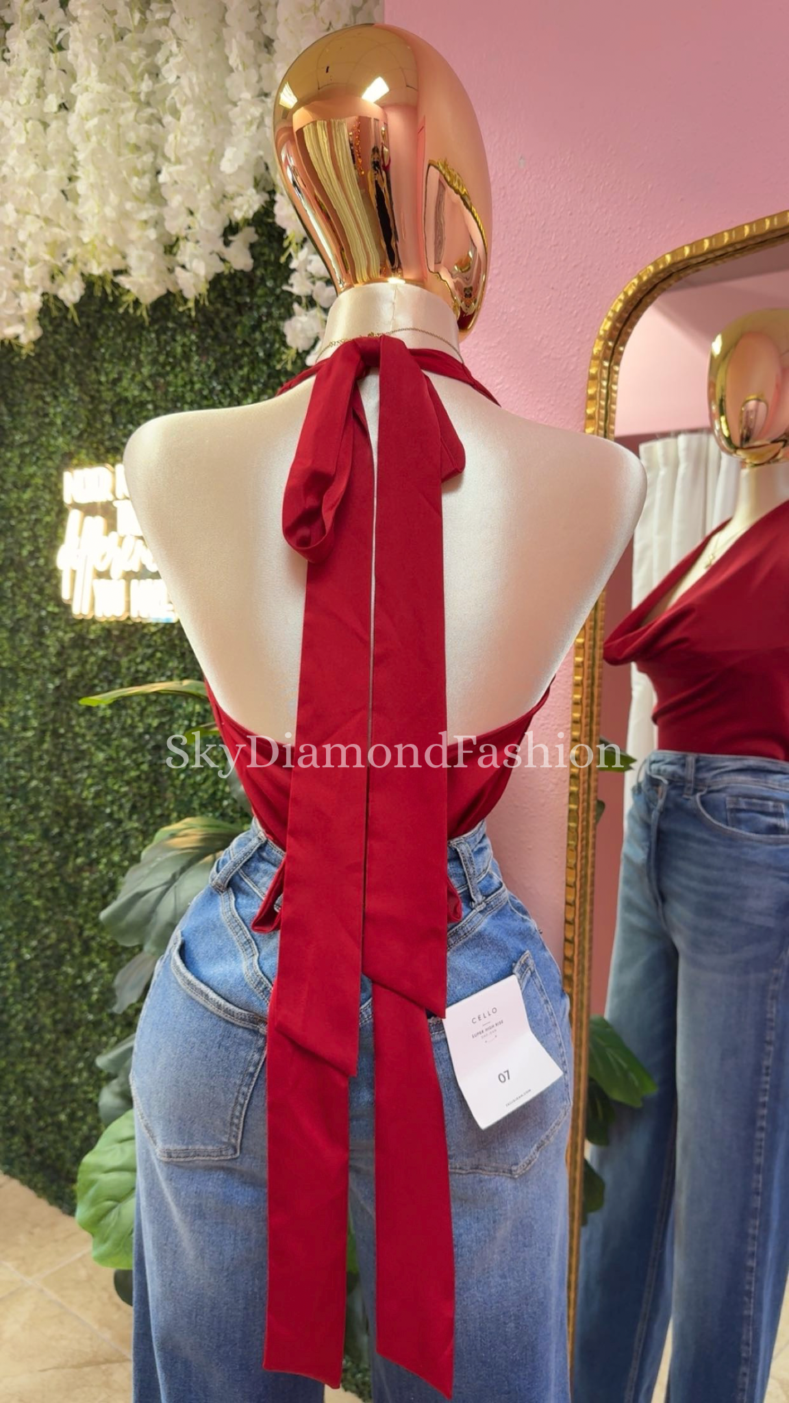 Cherry satin halter top