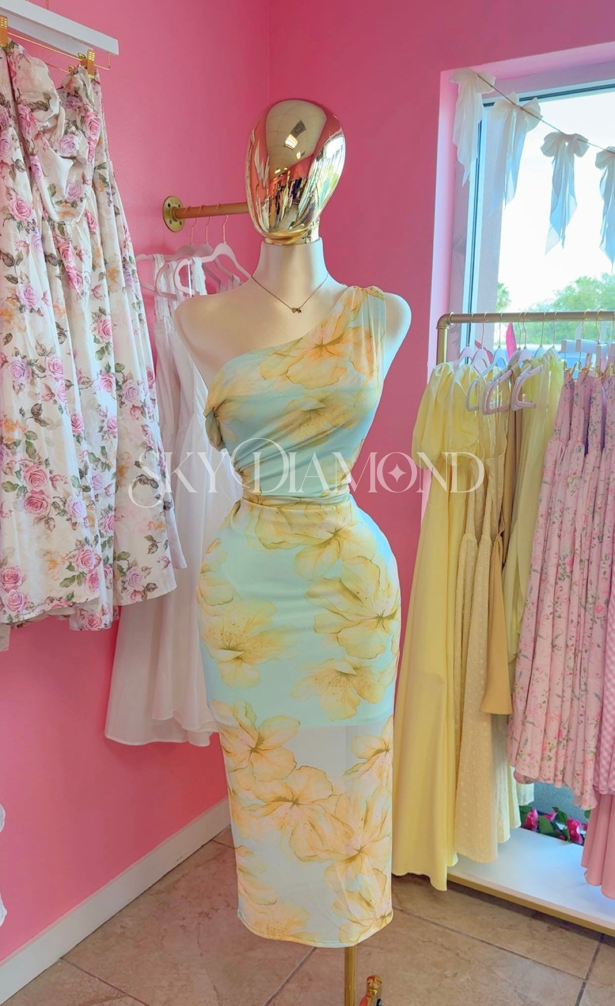 Yellow floral mesh dress