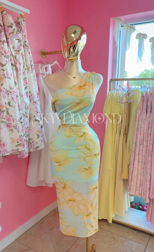 Yellow floral mesh dress