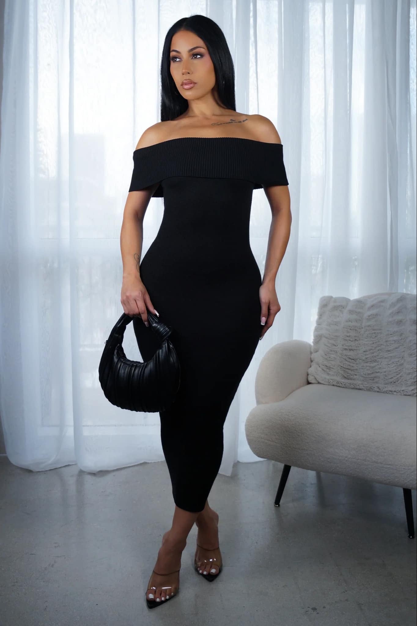 Off my shoulders black long dress
