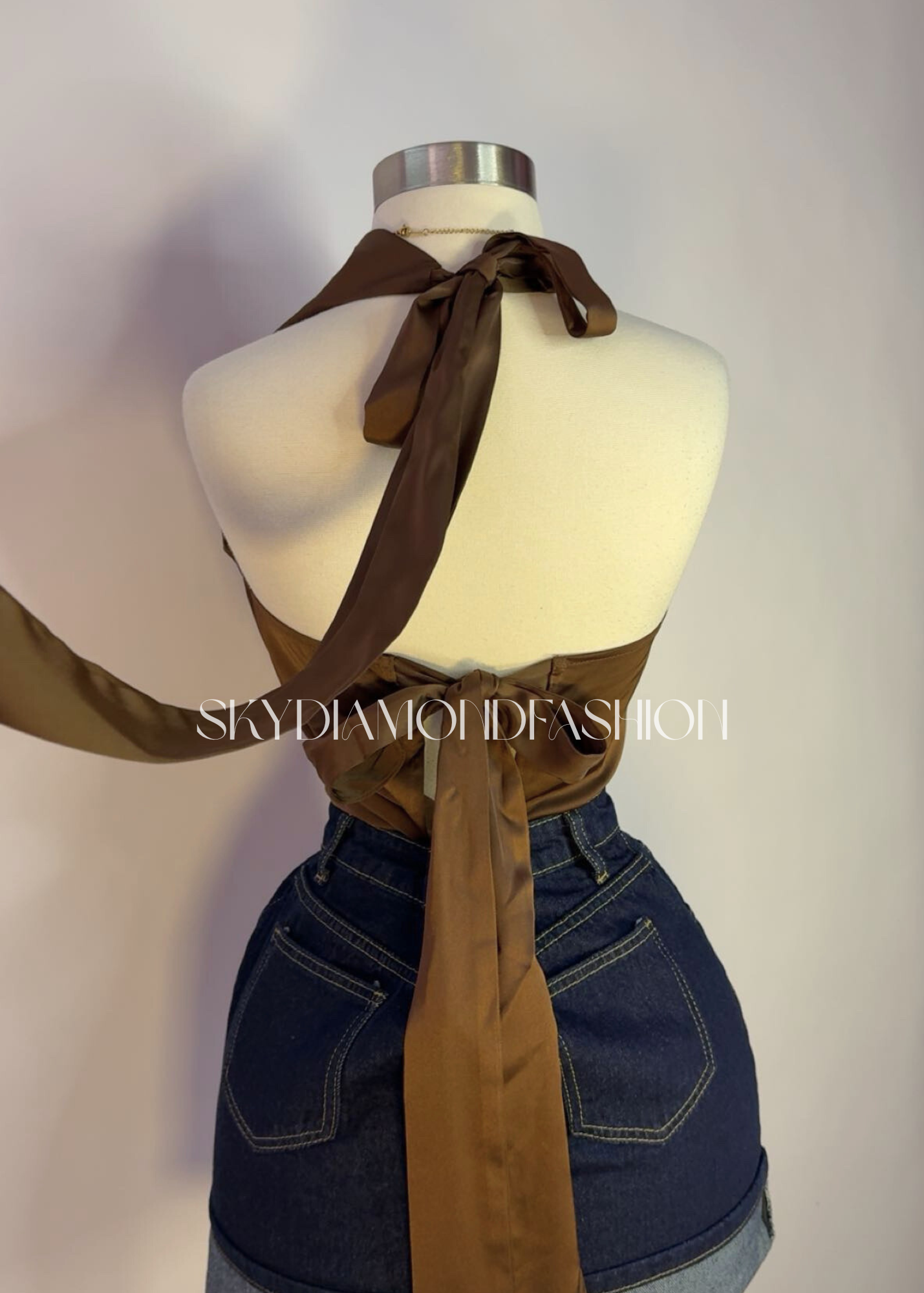 Brown satin open back top