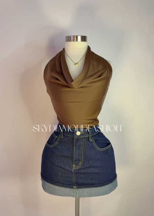 Brown satin open back top