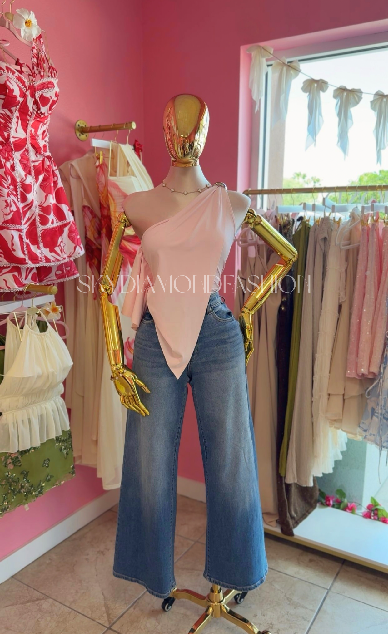 Baby pink asymmetrical top (silver decal)