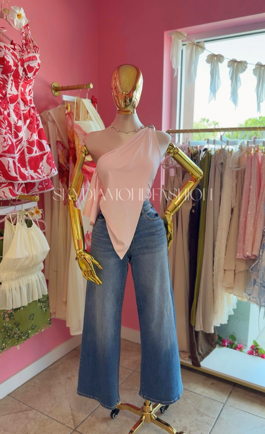 Baby pink asymmetrical top (silver decal)