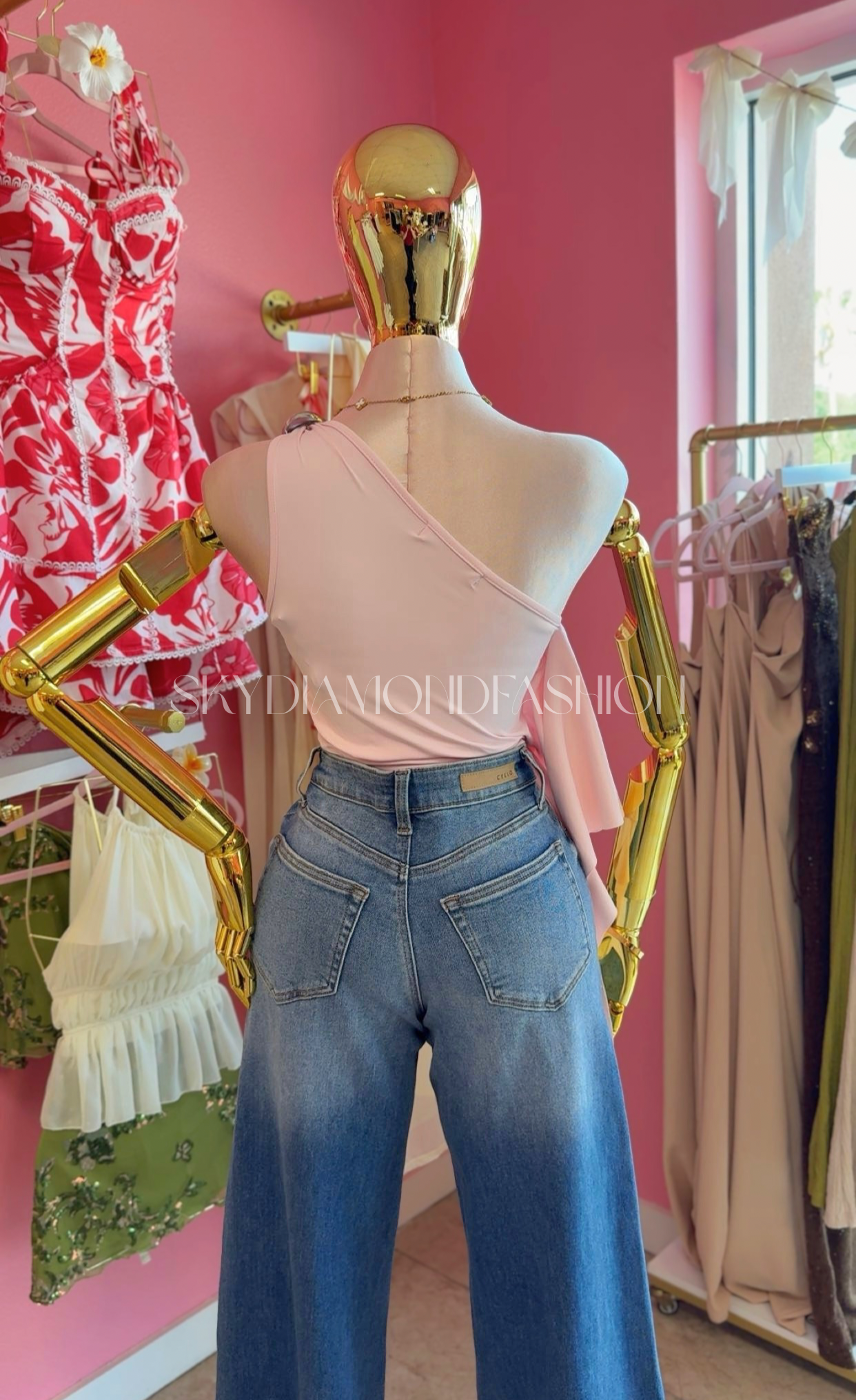 Baby pink asymmetrical top (silver decal)
