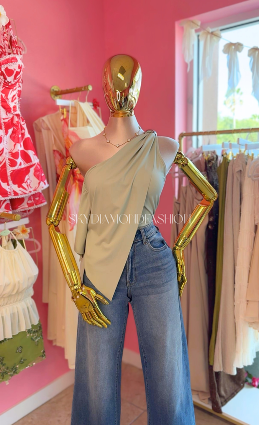 Sage green asymmetrical top (silver decal)