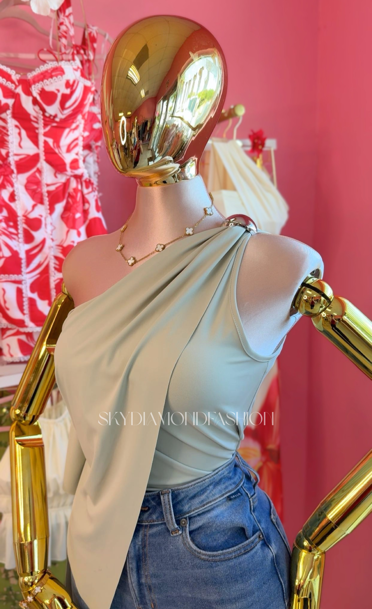 Sage green asymmetrical top (silver decal)